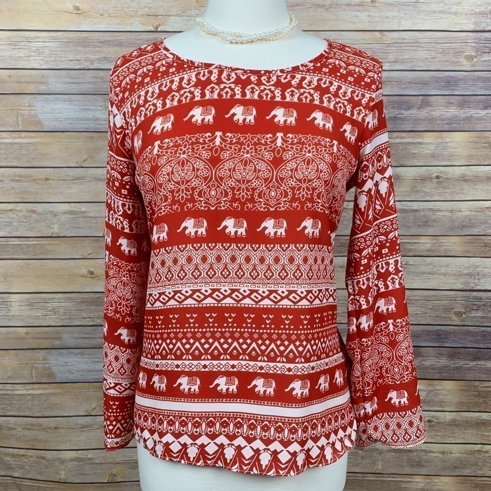 Moa Moa S Orange/White Elephant Print Blouse